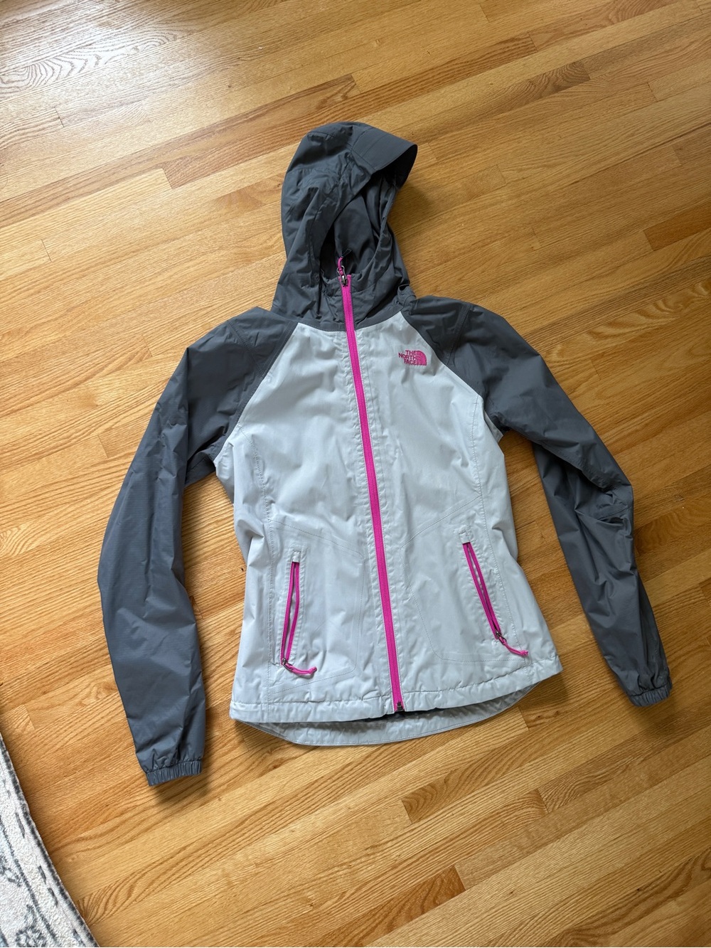 The North Face Gray and White Hooded Windbreaker with Pink Accents